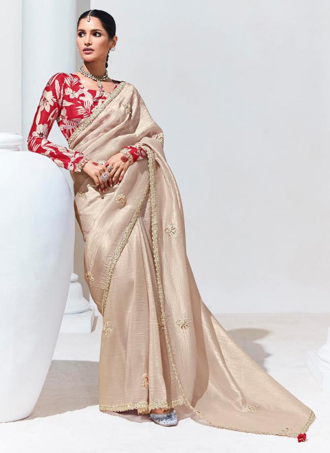 Organza Cream Traditional Wear Embroidery Work Saree